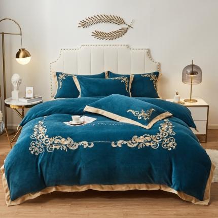 22新款保暖加厚牛奶绒四件套宝宝绒欧尚刺绣四件套欧典宾利蓝