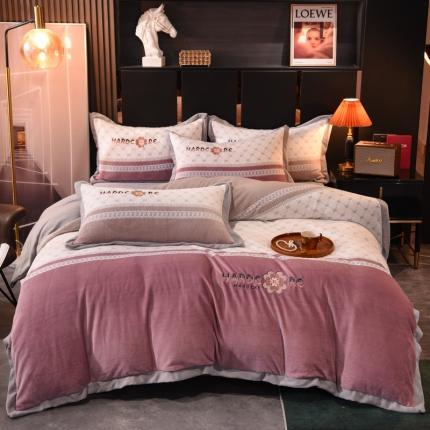 欧冠 2021新款丁香花暖绒刺绣四件套 栀子花-永恒豆沙