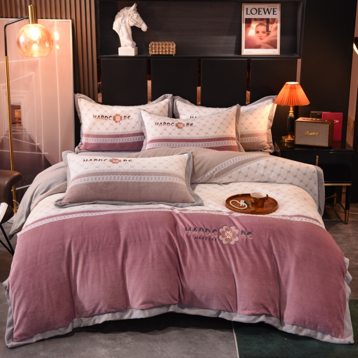 91家纺网 家纺一手货源 找家纺 欧冠 2021新款丁香花暖绒刺绣四件套 栀子花-永恒豆沙