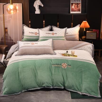 欧冠 2021新款丁香花暖绒刺绣四件套 栀子花-永恒翡翠绿