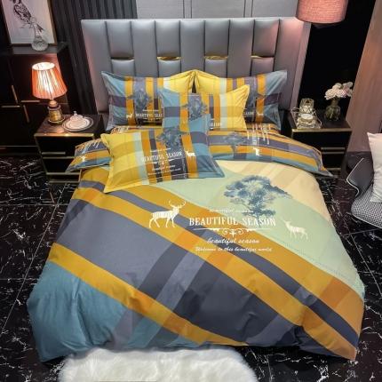 91家纺网 家纺一手货源 找家纺 金爱家 2021新款大版磨毛条格简约四件套幻影