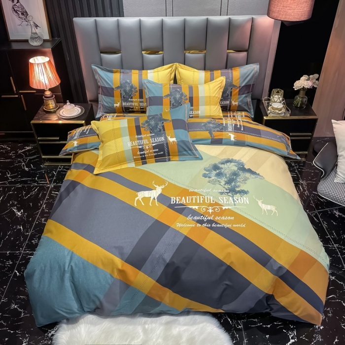 91家纺网 家纺一手货源 找家纺 金爱家 2021新款大版磨毛条格简约四件套幻影