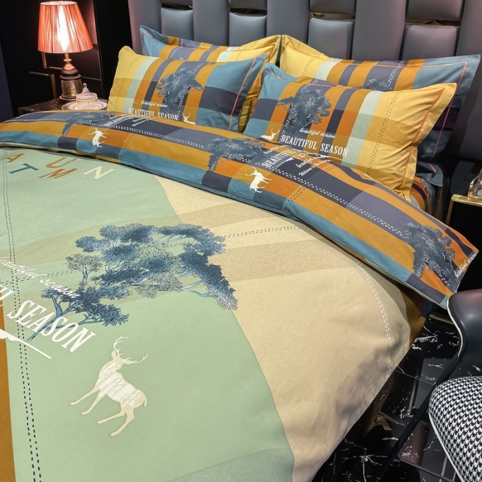 91家纺网 家纺一手货源 找家纺 金爱家 2021新款大版磨毛条格简约四件套幻影