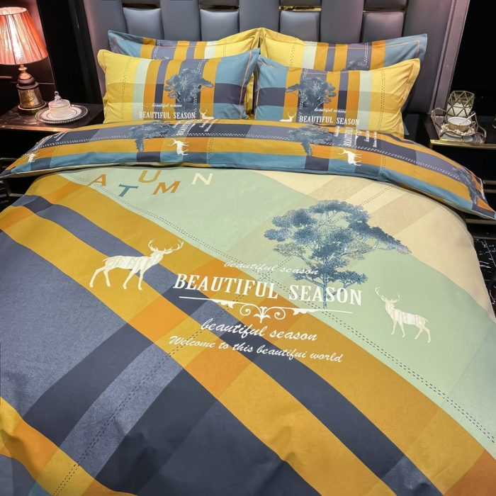 91家纺网 家纺一手货源 找家纺 金爱家 2021新款大版磨毛条格简约四件套幻影