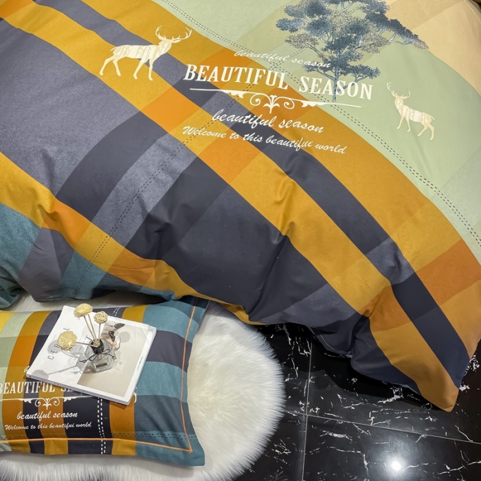 91家纺网 家纺一手货源 找家纺 金爱家 2021新款大版磨毛条格简约四件套幻影