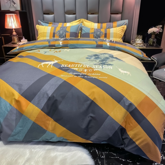 91家纺网 家纺一手货源 找家纺 金爱家 2021新款大版磨毛条格简约四件套幻影