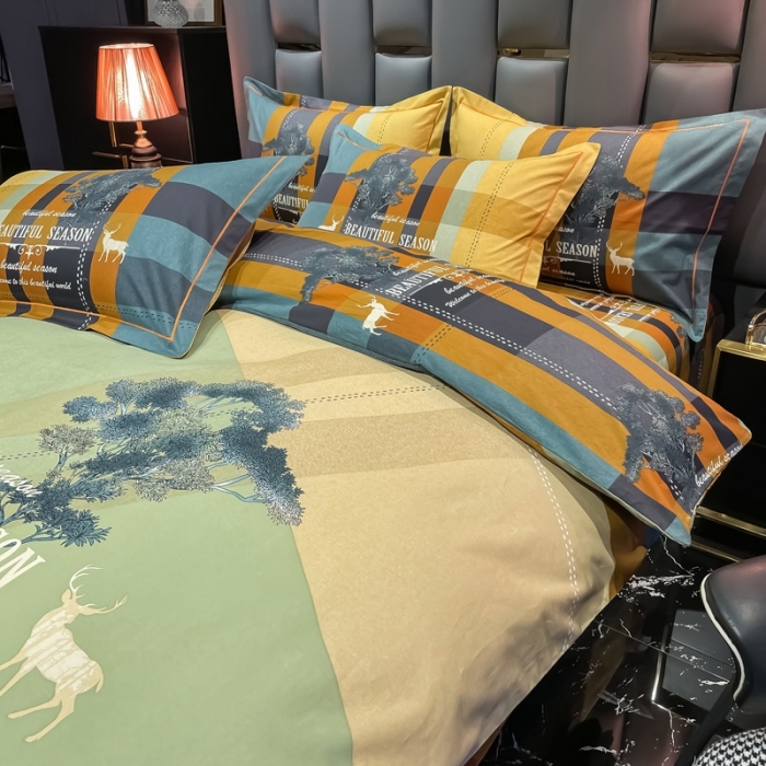 91家纺网 家纺一手货源 找家纺 金爱家 2021新款大版磨毛条格简约四件套幻影