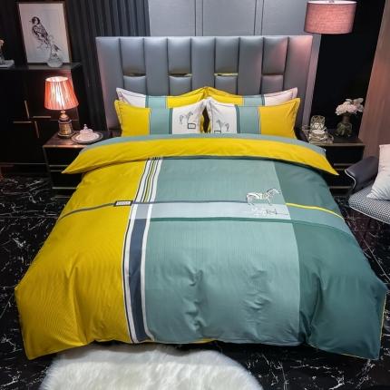 91家纺网 家纺一手货源 找家纺 金爱家 2021新款大版磨毛条格简约四件套伊莱斯-绿