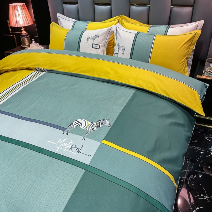 91家纺网 家纺一手货源 找家纺 金爱家 2021新款大版磨毛条格简约四件套伊莱斯-绿