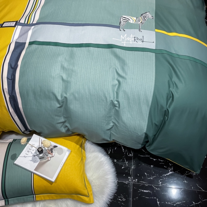 91家纺网 家纺一手货源 找家纺 金爱家 2021新款大版磨毛条格简约四件套伊莱斯-绿