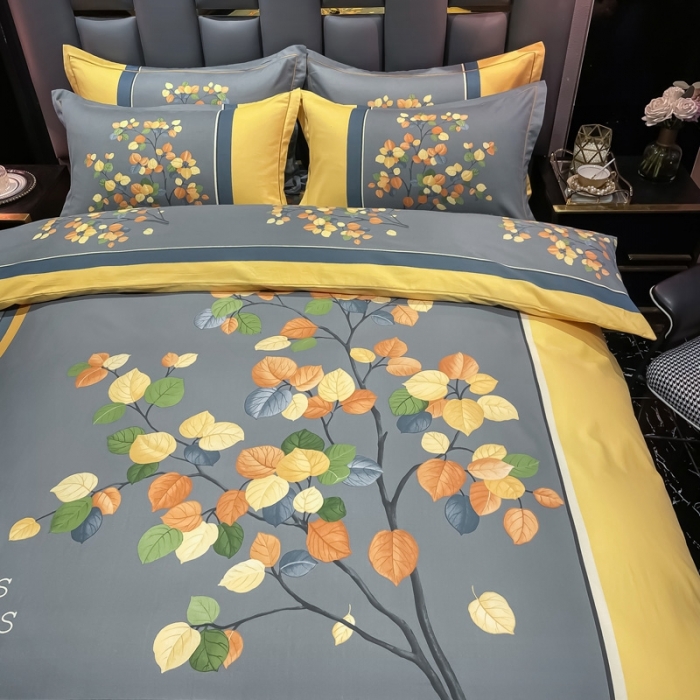 91家纺网 家纺一手货源 找家纺 金爱家 2021新款大版磨毛条格简约四件套庭叶向晚-黄