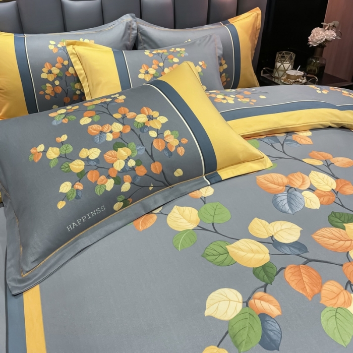 91家纺网 家纺一手货源 找家纺 金爱家 2021新款大版磨毛条格简约四件套庭叶向晚-黄