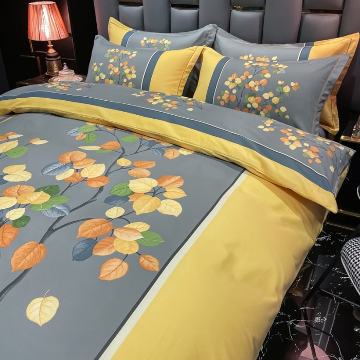 91家纺网 家纺一手货源 找家纺 金爱家 2021新款大版磨毛条格简约四件套庭叶向晚-黄