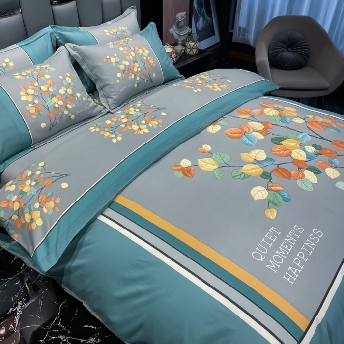 91家纺网 家纺一手货源 找家纺 金爱家 2021新款大版磨毛条格简约四件套庭叶向晚-兰