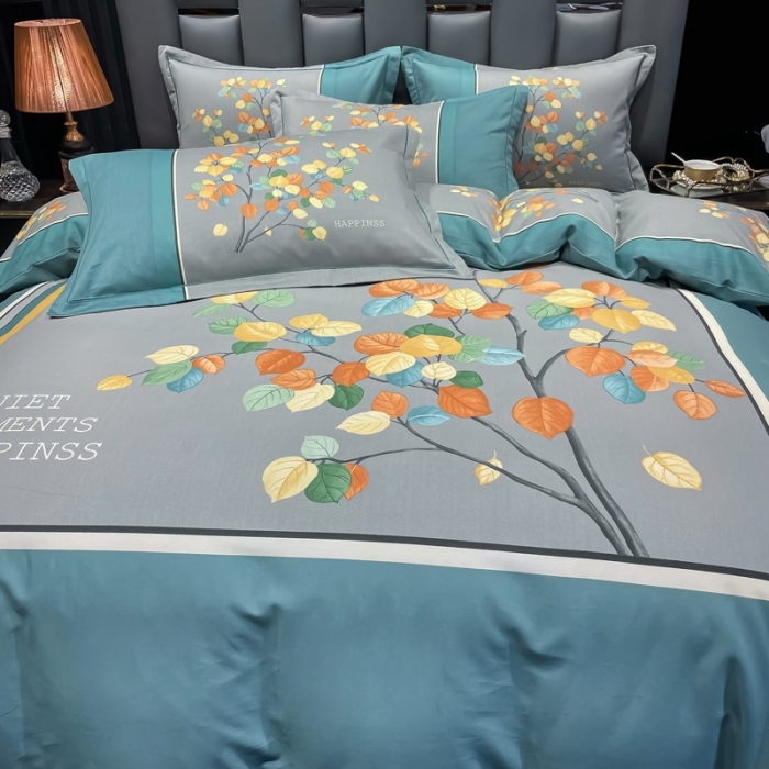 91家纺网 家纺一手货源 找家纺 金爱家 2021新款大版磨毛条格简约四件套庭叶向晚-兰