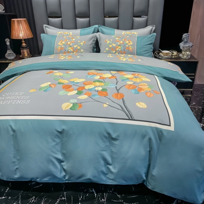 91家纺网 家纺一手货源 找家纺 金爱家 2021新款大版磨毛条格简约四件套庭叶向晚-兰