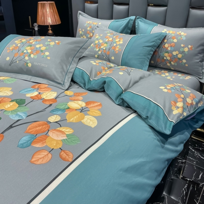 91家纺网 家纺一手货源 找家纺 金爱家 2021新款大版磨毛条格简约四件套庭叶向晚-兰