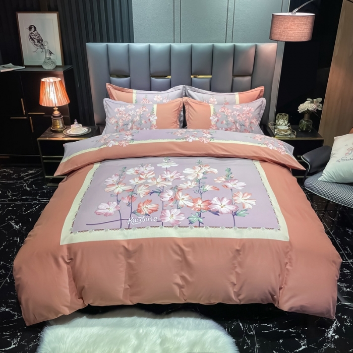 91家纺网 家纺一手货源 找家纺 金爱家 2021新款大版磨毛条格简约四件套庭院深深