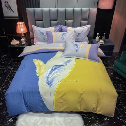 91家纺网 家纺一手货源 找家纺 金爱家 2021新款大版磨毛条格简约四件套羽儿翩翩蓝