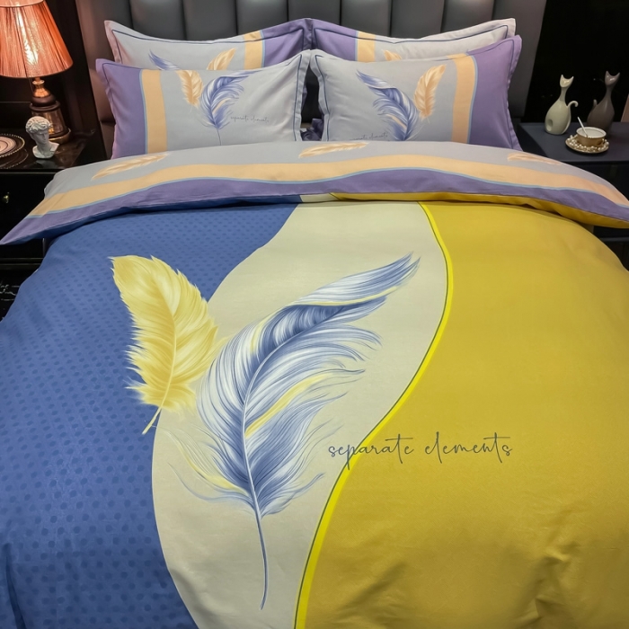 91家纺网 家纺一手货源 找家纺 金爱家 2021新款大版磨毛条格简约四件套羽儿翩翩蓝