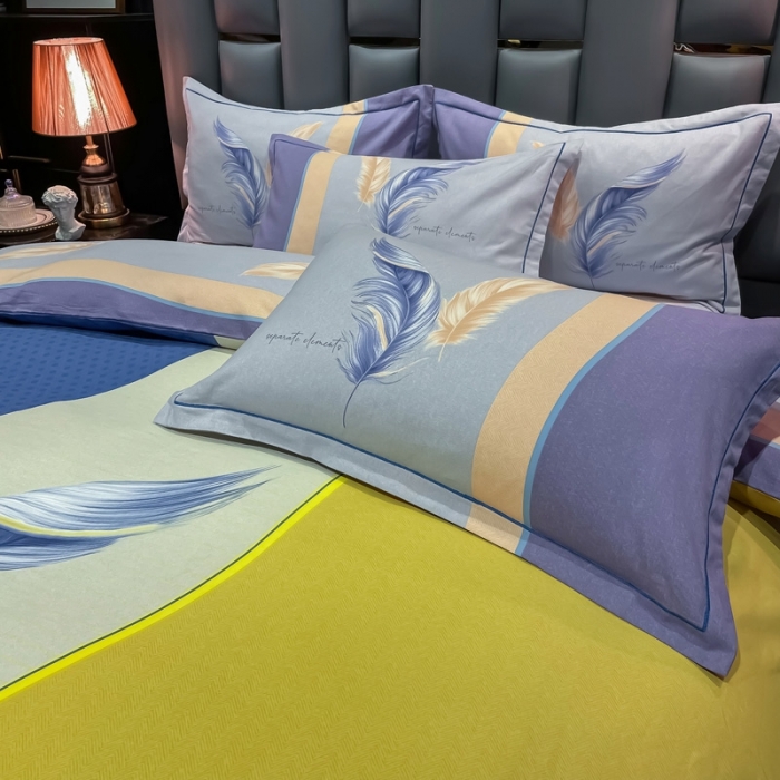 91家纺网 家纺一手货源 找家纺 金爱家 2021新款大版磨毛条格简约四件套羽儿翩翩蓝