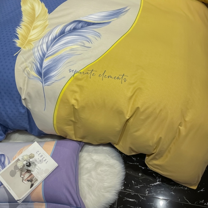 91家纺网 家纺一手货源 找家纺 金爱家 2021新款大版磨毛条格简约四件套羽儿翩翩蓝