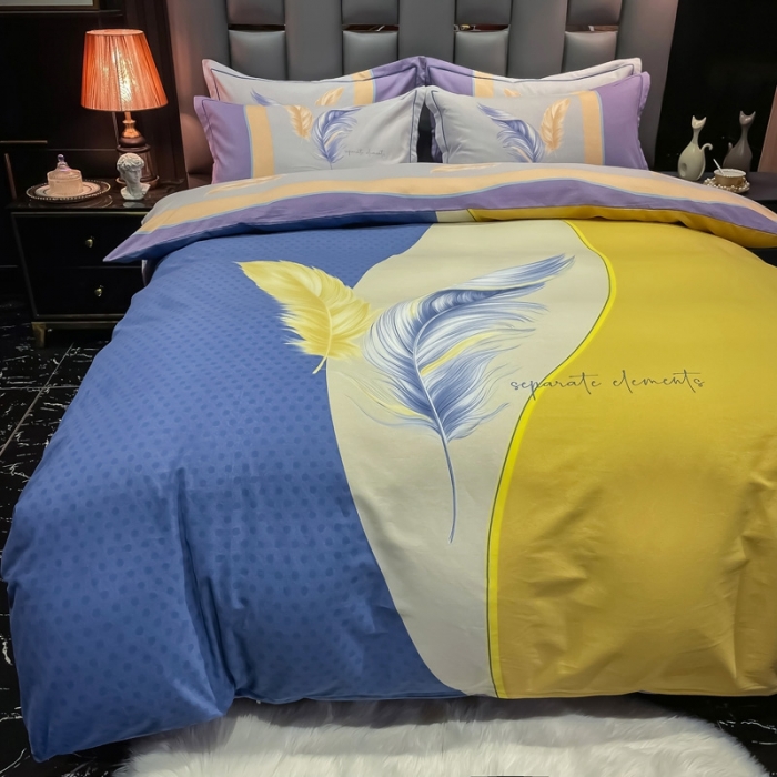 91家纺网 家纺一手货源 找家纺 金爱家 2021新款大版磨毛条格简约四件套羽儿翩翩蓝