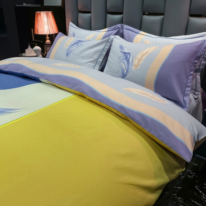 91家纺网 家纺一手货源 找家纺 金爱家 2021新款大版磨毛条格简约四件套羽儿翩翩蓝