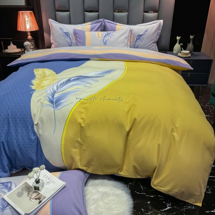 91家纺网 家纺一手货源 找家纺 金爱家 2021新款大版磨毛条格简约四件套羽儿翩翩蓝