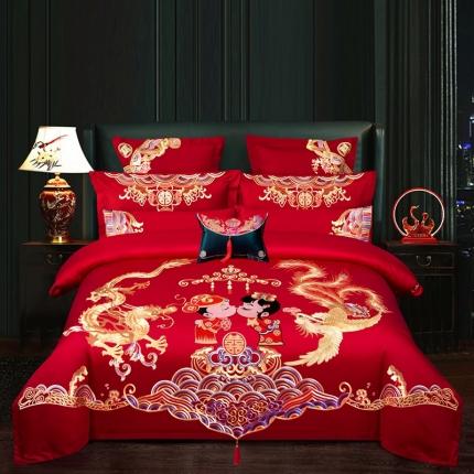 91家纺网 家纺一手货源 找家纺 用心 2021新款婚庆绣花款套件婚庆多件套 江山美人