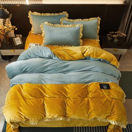 91家纺网 家纺一手货源 找家纺 （总）芃成家纺 2021新款牛奶绒双拼花边四件套