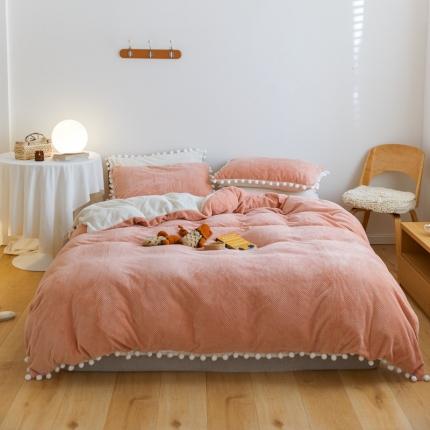 91家纺网 家纺一手货源 找家纺 六巷胡同2021日式小清新华夫格绒球球系列四件套 球球-粉白