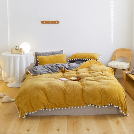 91家纺网 家纺一手货源 找家纺 六巷胡同2021日式小清新华夫格绒球球系列四件套 球球-黄灰