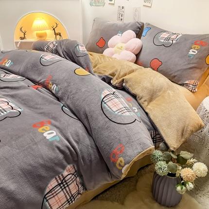 91家纺网 家纺一手货源 找家纺 芃成家纺 2021新款牛奶绒印花四件套 潮流酷熊