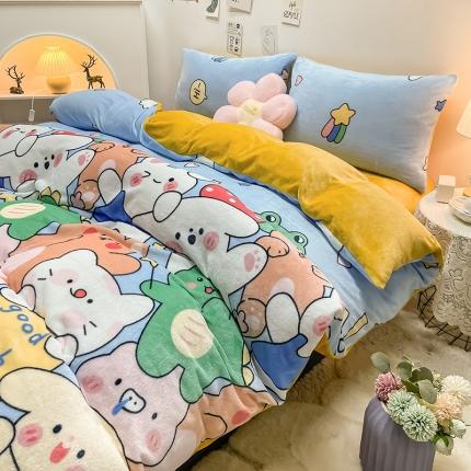 91家纺网 家纺一手货源 找家纺 芃成家纺 2021新款牛奶绒印花四件套 欢乐一家