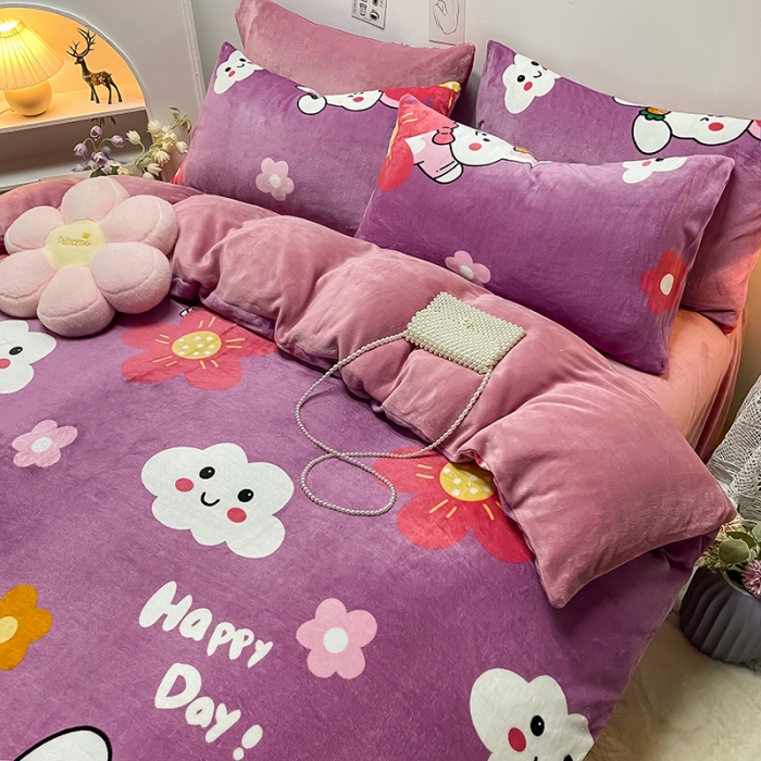 91家纺网 家纺一手货源 找家纺 芃成家纺 2021新款牛奶绒印花四件套 七彩花