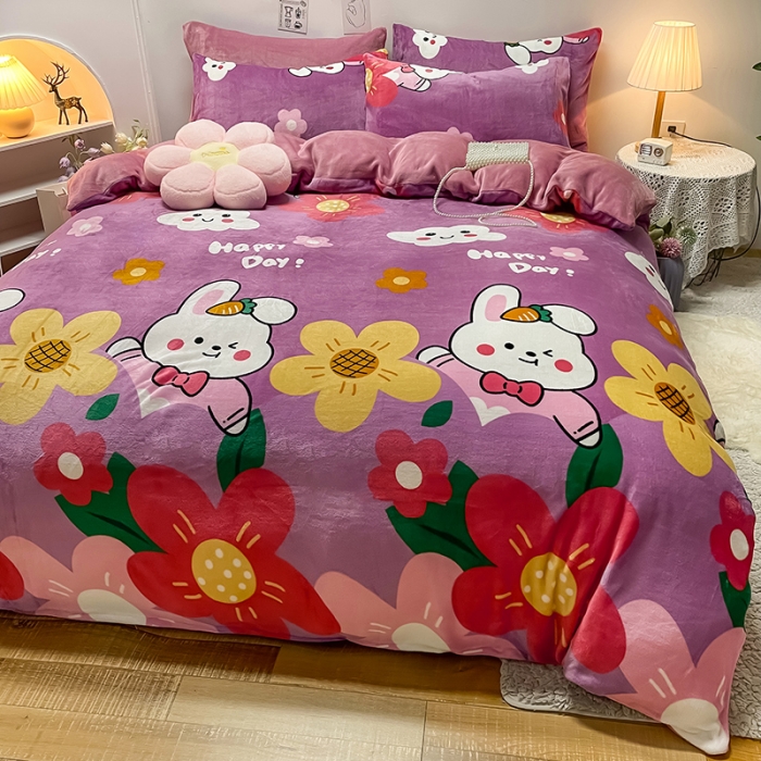 91家纺网 家纺一手货源 找家纺 芃成家纺 2021新款牛奶绒印花四件套 七彩花