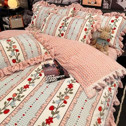 91家纺网 家纺一手货源 找家纺 HL原创 2021新款花边款牛奶绒四件套 花瓣雨