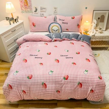 91家纺网 家纺一手货源 找家纺 芃成家纺 2021新款牛奶绒印花单被套 草莓格