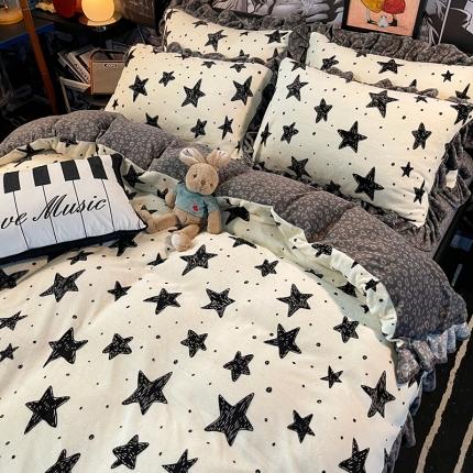 91家纺网 家纺一手货源 找家纺 HL原创 2021新款花边款牛奶绒四件套 可爱星星