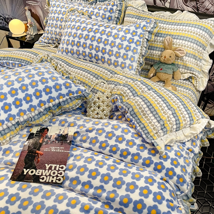 91家纺网 家纺一手货源 找家纺 HL原创 2021新款花边款牛奶绒四件套 素素