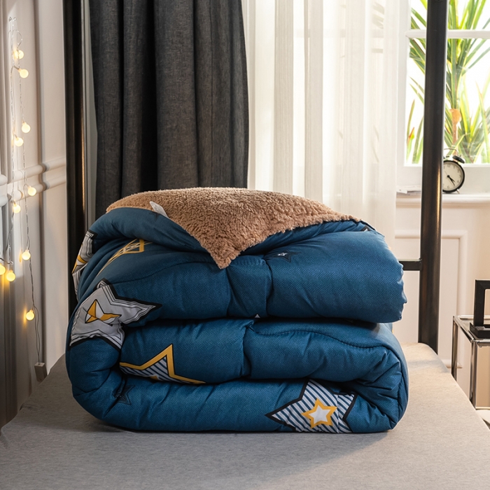 91家纺网 家纺一手货源 找家纺 畅销被业 2024新款羊羔绒学生床冬被 闪亮星星-蓝