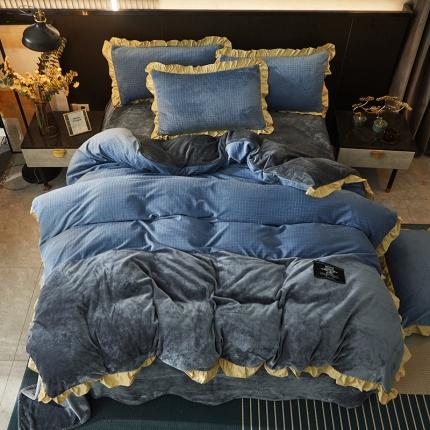 芃成家纺 新款牛奶绒双拼花边四件套 水立方双拼花边蓝灰