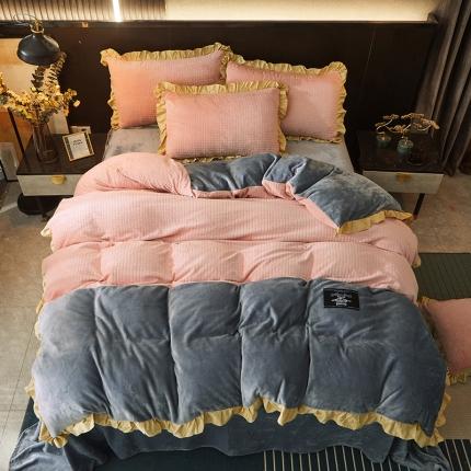 芃成家纺 2021新款牛奶绒双拼花边四件套水立方双拼花边玉色