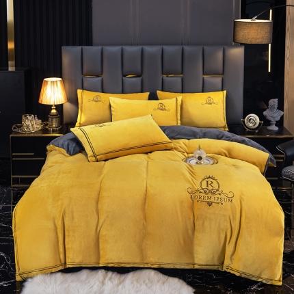 91家纺网 家纺一手货源 找家纺 芃成家纺 2021新款牛奶绒绣花四件套 皇冠 姜黄