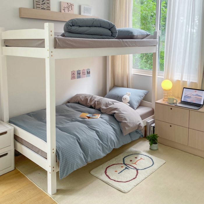 91家纺网 家纺一手货源 找家纺 蓝巢家纺 2021新款全棉水洗棉学生季三件套 雾蓝小格