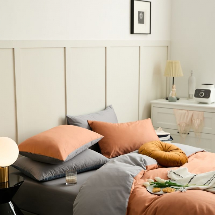 91家纺网 家纺一手货源 找家纺 涞澳 2021新款全棉隐形拉链双拼款四件套 橙灰