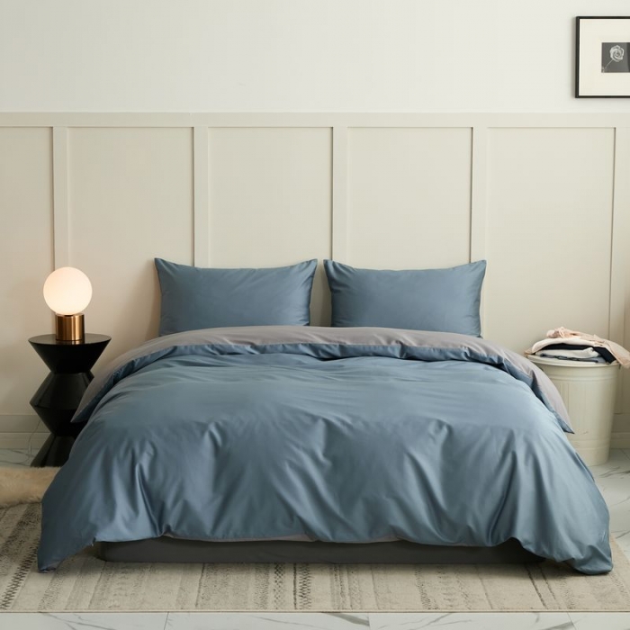 91家纺网 家纺一手货源 找家纺 涞澳 2021新款全棉隐形拉链双拼款四件套 灰兰