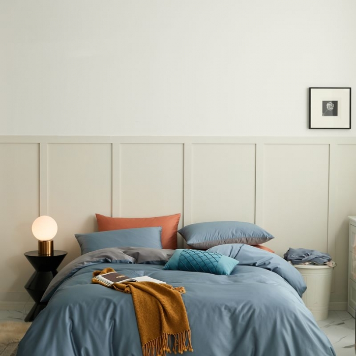 91家纺网 家纺一手货源 找家纺 涞澳 2021新款全棉隐形拉链双拼款四件套 灰兰