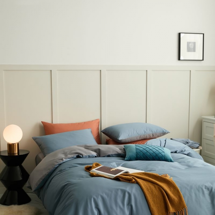 91家纺网 家纺一手货源 找家纺 涞澳 2021新款全棉隐形拉链双拼款四件套 灰兰